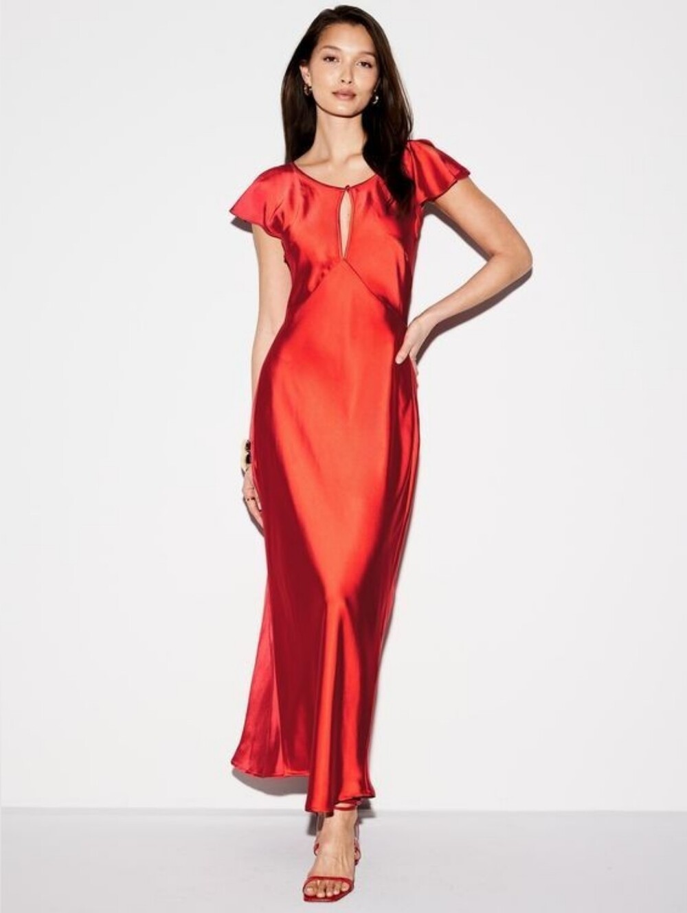 NWOT The Occasion Bright Coral Flutter-Sleeve Keyhole Satin Maxi Dress Size M/P
